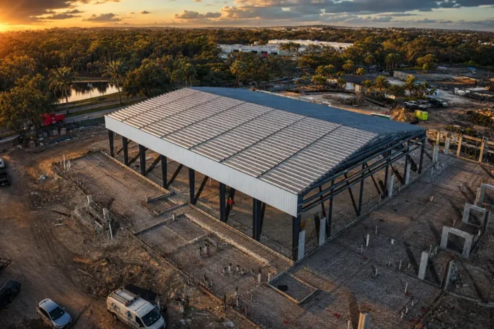 Aerial construction view of the Shadow Wood Country Club Pool House at sunset with steel roof framing and concrete work visible.