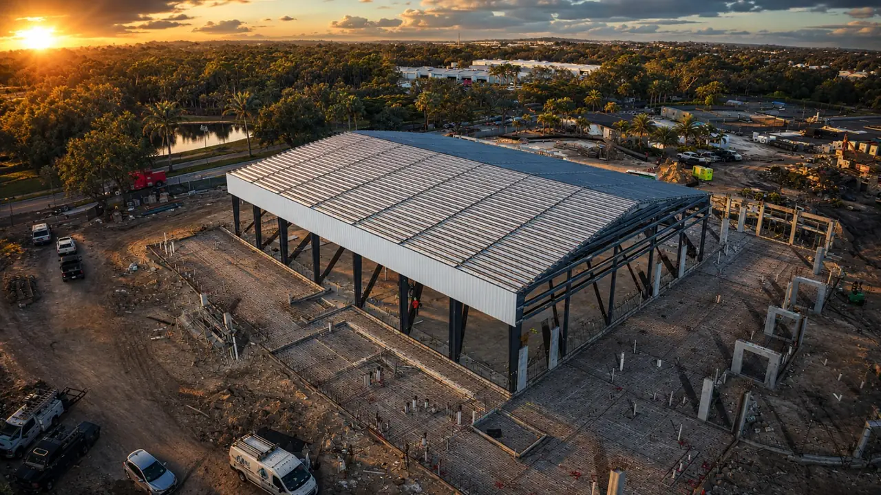 Aerial construction view of the Shadow Wood Country Club Pool House at sunset with steel roof framing and concrete work visible.