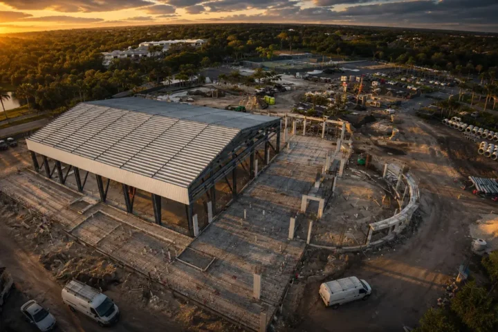 Wide aerial construction view of the Shadow Wood Country Club Pool House and surrounding Lifestyle Center site at sunset.